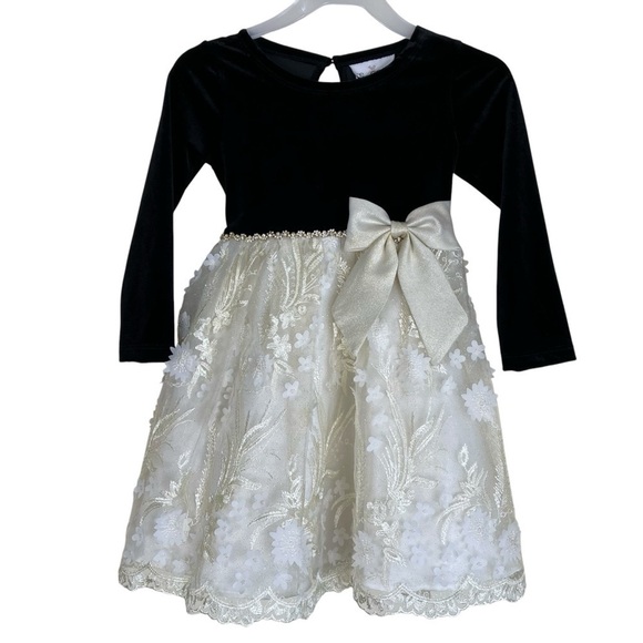 Rare Editions Elegant Velvet Dress Embroidered Lace Skirt w Bow Black Cream 4T - Picture 1 of 16